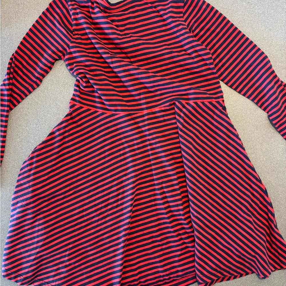 Primary Red/navy Kids long sleeve twirly dress mini stripe. Long sleeve Tee SZ12